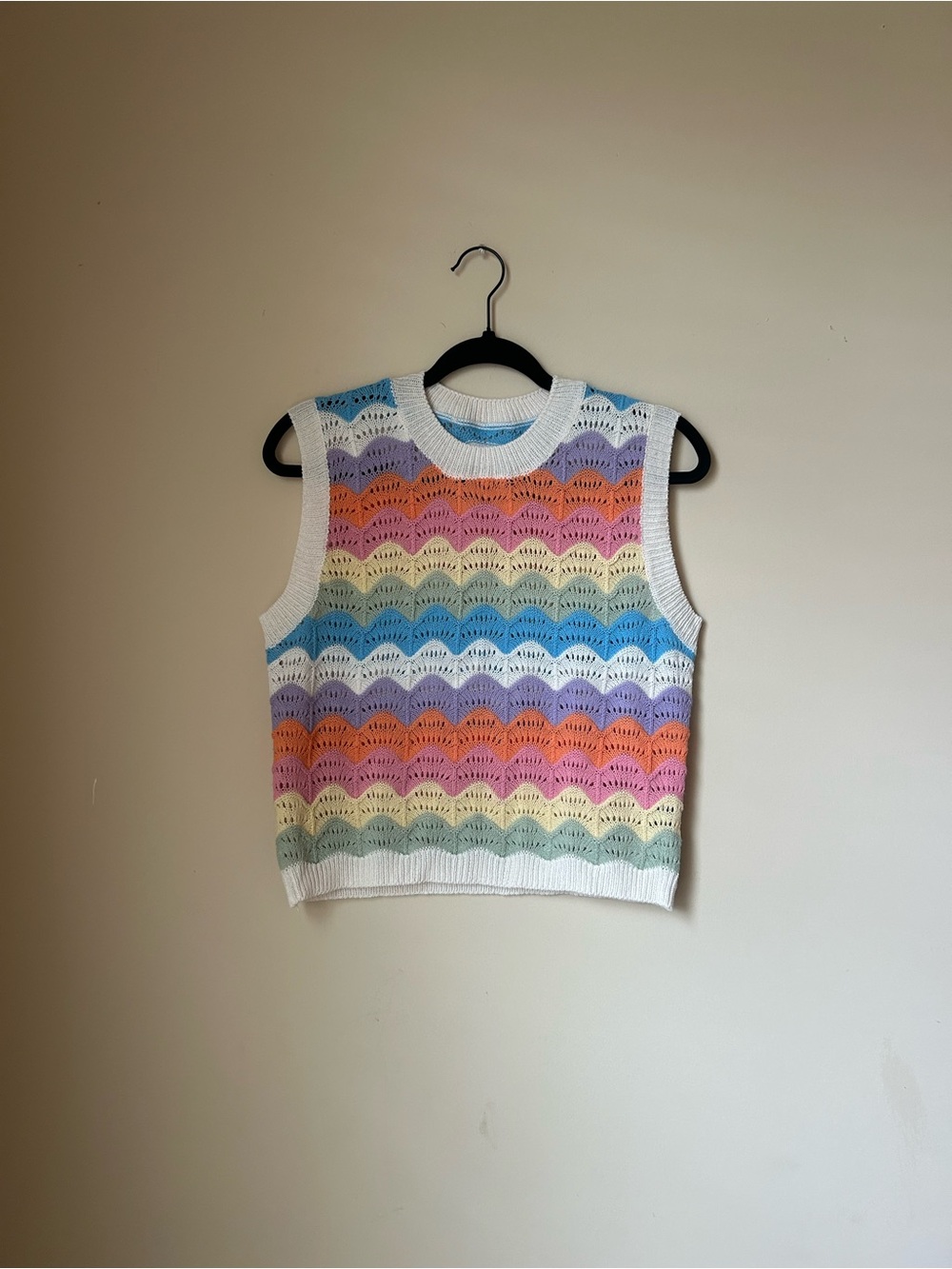 Pastel Rainbow Crochet Knit Tank Top - White Trim